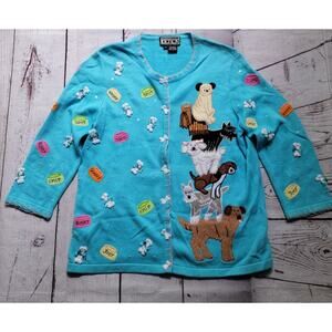 BEREK Cute Dog Sweater Light Blue Size S Cardigan Bones On Buttons